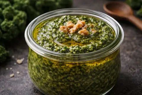 Słoik pełen aromatycznego pesto z jarmużu, ozdobiony orzechami. Idealny dodatek do makaronu lub kanapek.