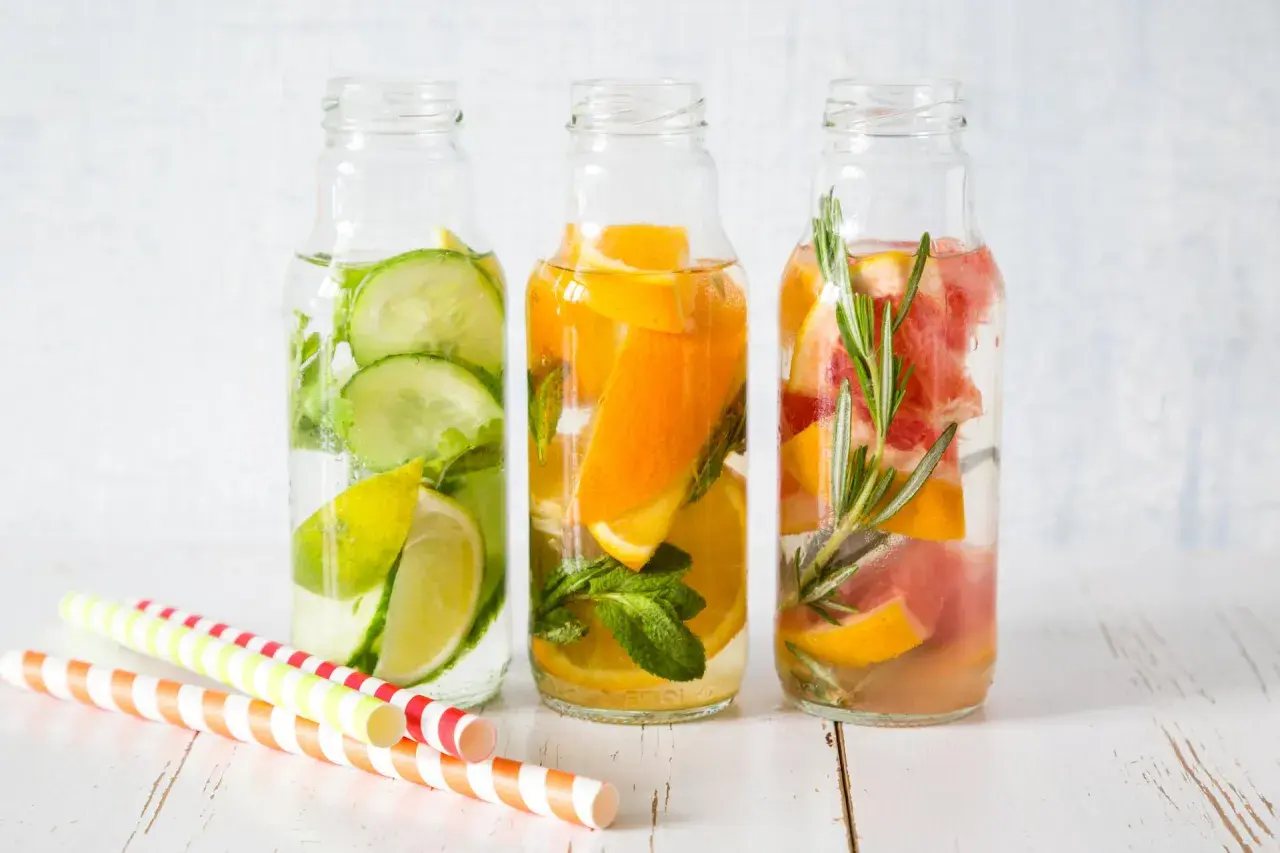 Orzeźwiająca woda z owocami: ogórek i limonka, pomarańcza z miętą, grejpfrut z rozmarynem. Kolorowe słomki zachęcają do spróbowania.