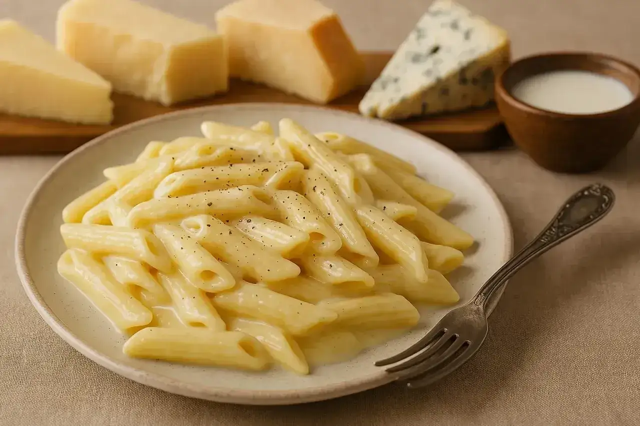 Penne w kremowym sosie serowym, posypane pieprzem. W tle kawałki parmezanu i sera pleśniowego. Idealny makaron z serem na obiad.