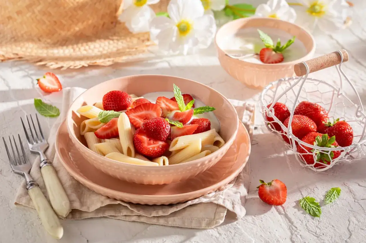 Penne z jogurtem i świeżymi truskawkami, udekorowane listkami mięty. Letnia uczta, kt&oacute;ra zachwyca smakiem i wyglądem.